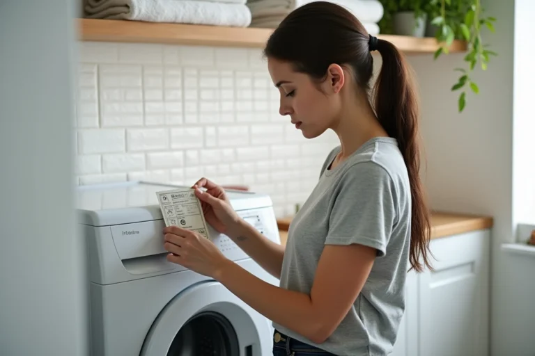 Femme lisant les symboles d'entretien sur une étiquette de vêtement devant une machine à laver moderne