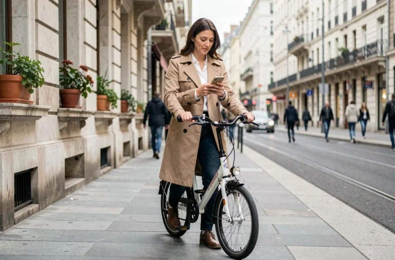 Femme en manteau beige poussant un vélo pliant en ville, solution de transport urbain au quotidien