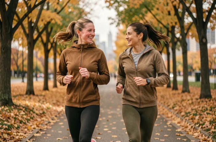 Deux femmes faisant du jogging ensemble dans un parc urbain en automne, symbolisant l'exercice physique régulier et les bienfaits de l'activité sportive pour la santé