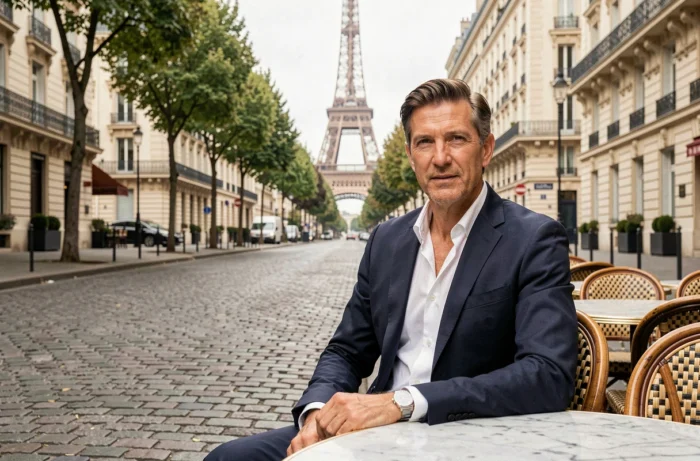 Un homme d'affaires français à la terrasse d'un café parisien avec la Tour Eiffel en arrière-plan, évoquant l'économie française