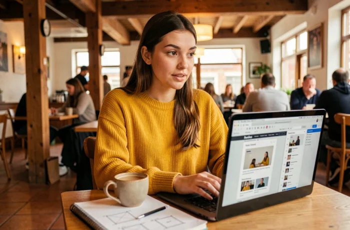 Jeune femme freelance concevant un site web sur laptop dans un café chaleureux