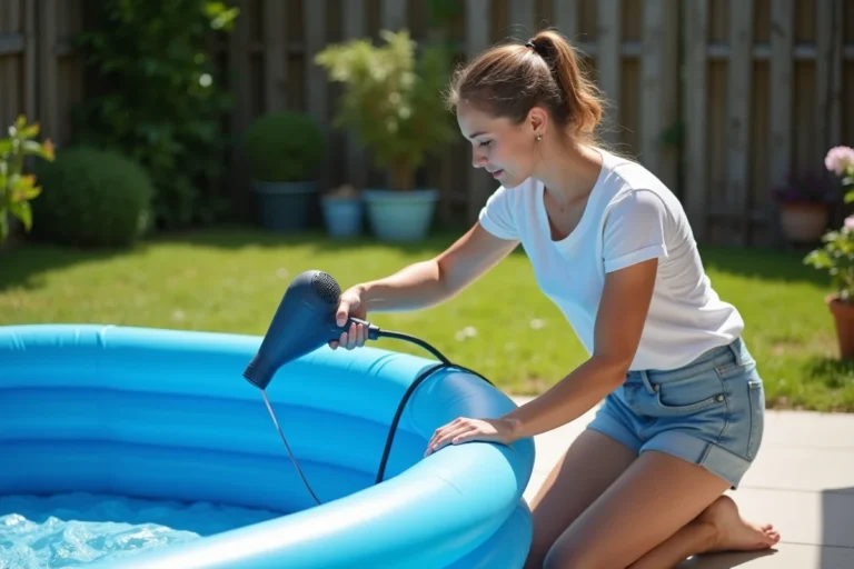 Femme utilisant un sèche-cheveux pour gonfler une piscine gonflable bleue dans un jardin