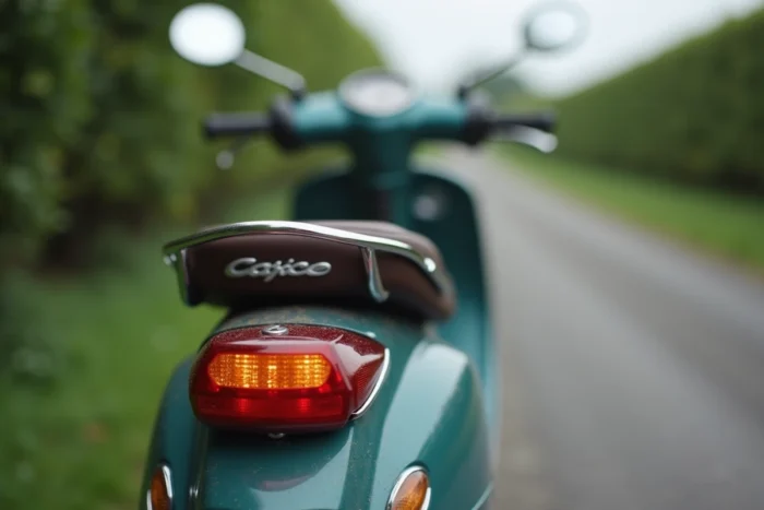 Gros plan sur le clignotant arrière ambre d'un cyclomoteur 50cc sur route française