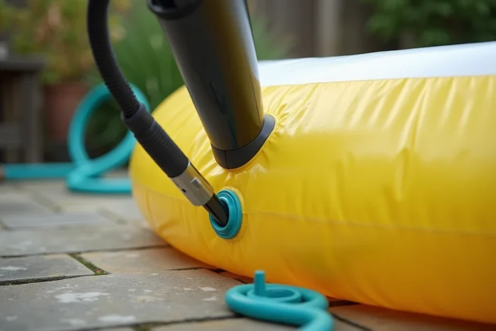 Gros plan sur l'embout d'un sèche-cheveux inséré dans la valve de gonflage d'une piscine gonflable