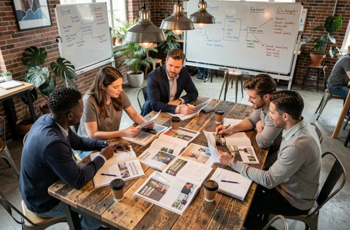 Groupe d'entrepreneurs discutant et comparant des magazines économiques autour d'une table dans un espace de coworking dynamique