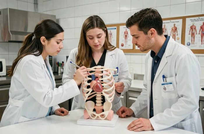 Groupe d'étudiants en sciences de la santé examinant un modèle anatomique des parties du corps humain commençant par C