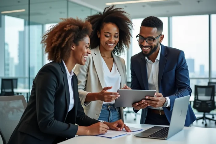Groupe de professionnels explorant ensemble des opportunités d'emploi en ligne sur une tablette dans un bureau moderne