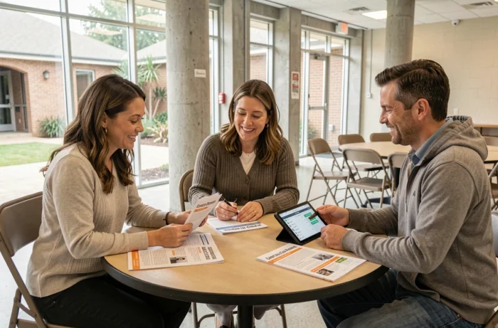 Groupe de personnes consultant des guides de ressources de sécurité et une application mobile dans une salle communautaire