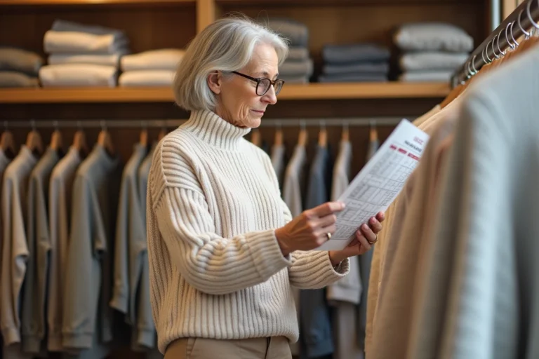 Femme d'une cinquantaine d'années consultant un guide des tailles Damart en boutique tout en tenant un pull thermique devant elle