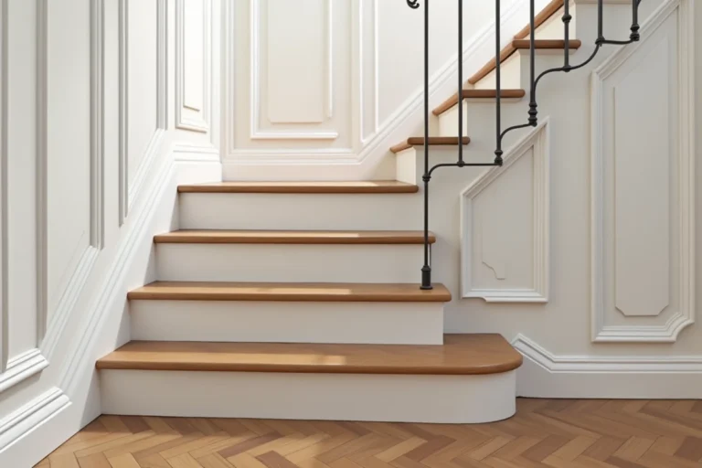 Escalier habillé de marches en chêne massif avec contremarches blanches dans un appartement haussmannien au parquet en point de Hongrie