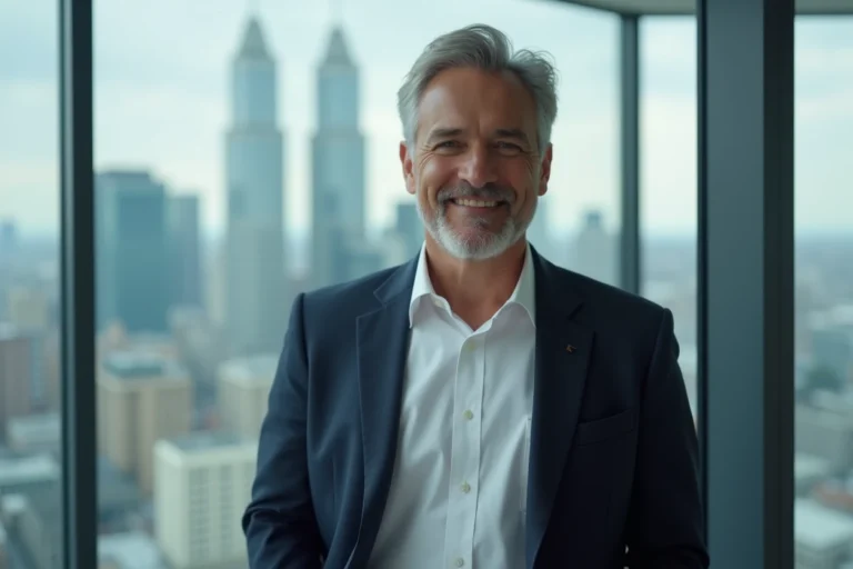 Portrait d'un homme d'affaires prospère en blazer bleu marine dans un bureau moderne avec vue sur la ville