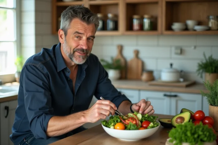 Homme préparant un bol de salade colorée et nutritive dans une cuisine rustique pour adopter une alimentation saine au quotidien