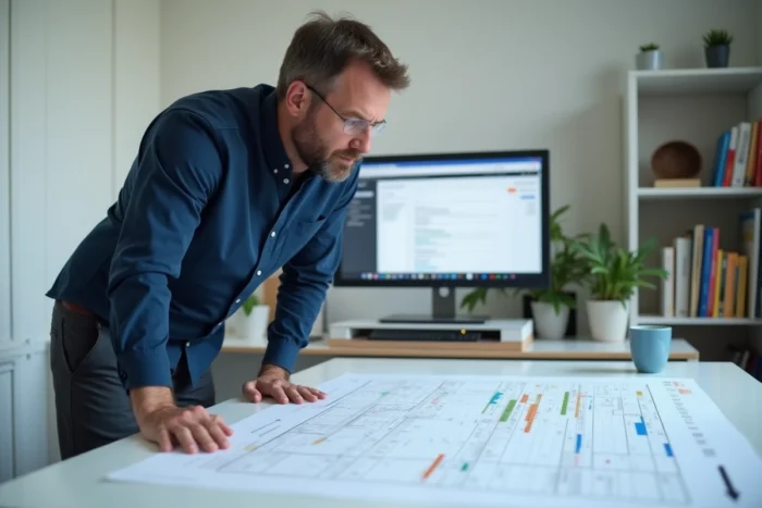 Un homme analyse un sitemap imprimé en couleurs sur un bureau debout dans un home office dédié au référencement naturel