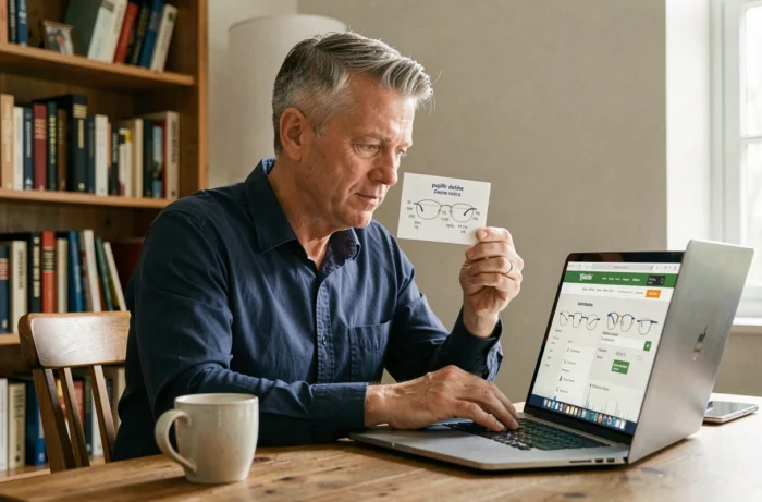 Homme commandant des lunettes en ligne sans prescription depuis son bureau à domicile