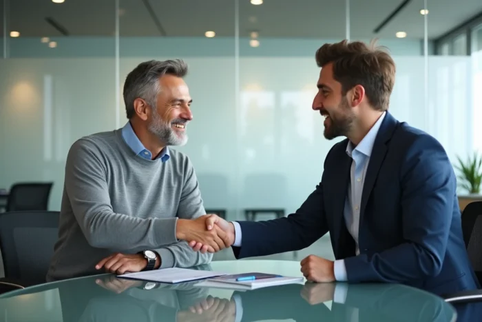 Un homme signe un contrat de mutuelle santé avec un conseiller dans une agence moderne