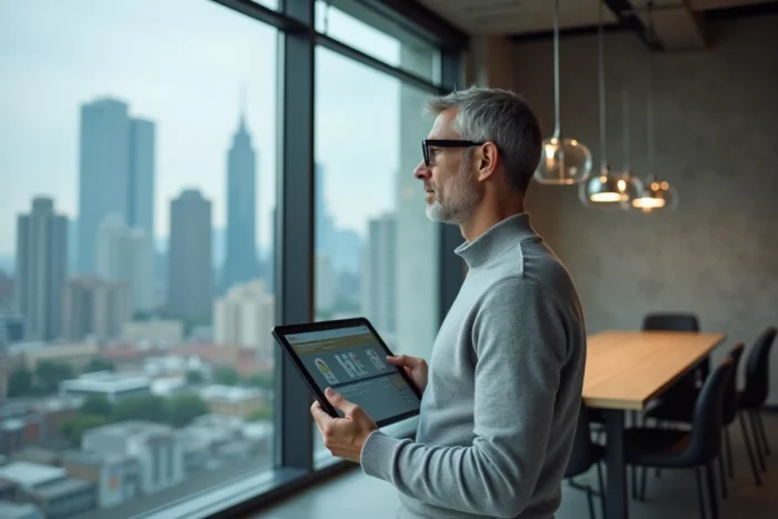 Homme en espace de coworking évaluant des solutions alternatives à Dubraz sur une tablette avec vue sur la ville