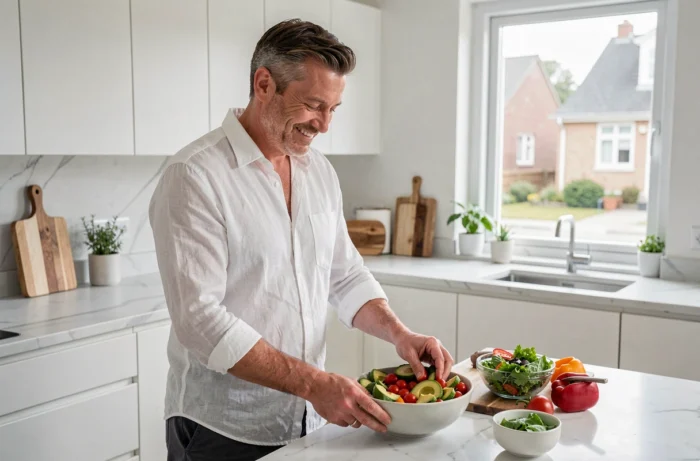 Homme préparant une salade fraîche et équilibrée dans une cuisine moderne pour adopter une alimentation saine au quotidien