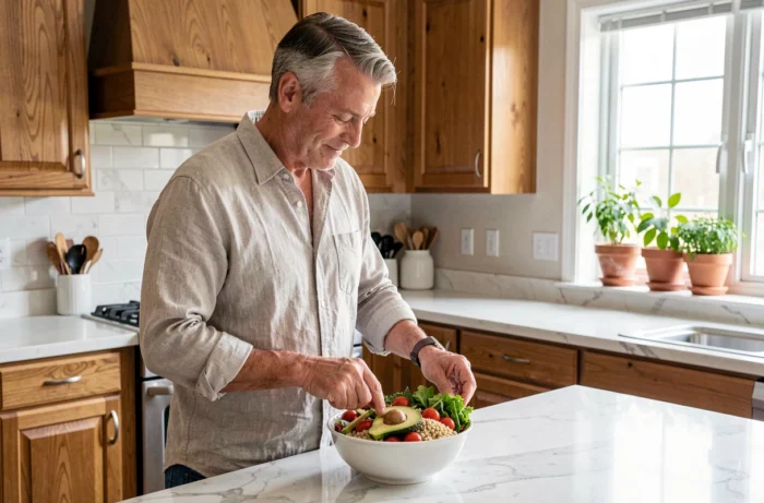 Homme préparant un repas sain et équilibré dans une cuisine moderne, avec des légumes frais et des ingrédients nutritifs pour une alimentation saine