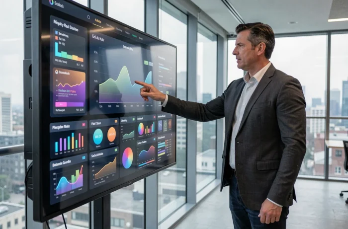 Professionnel masculin interagissant avec un mur d'écran tactile affichant des données d'intelligence artificielle dans un bureau technologique