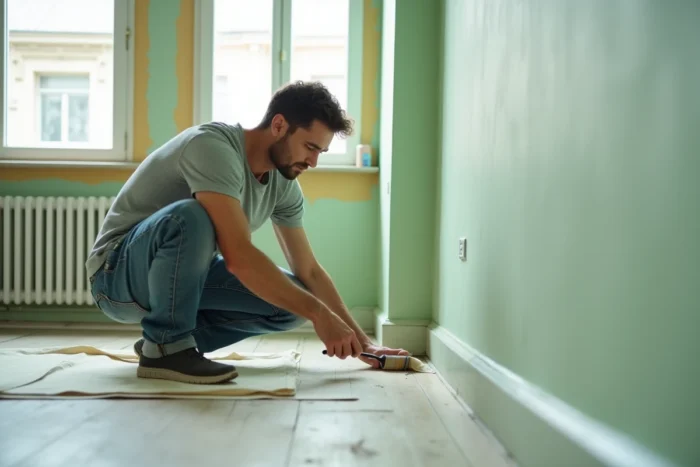 Homme appliquant la peinture Luxens vert sauge en finition près de la plinthe dans une chambre en rénovation