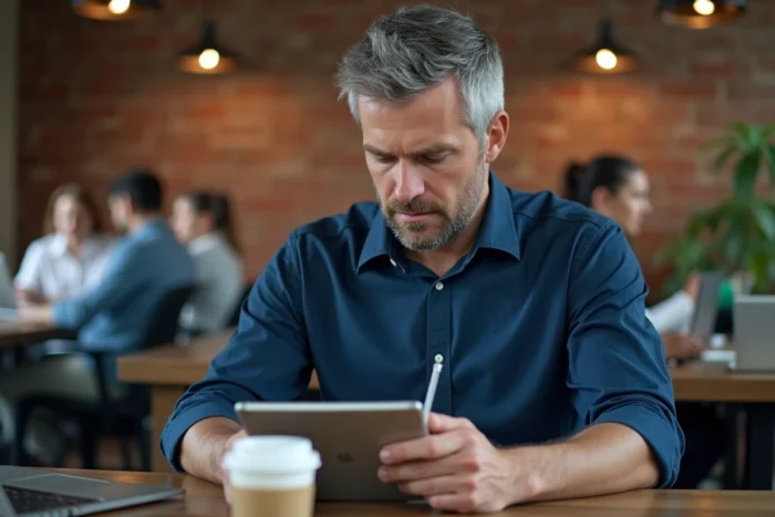 Homme professionnel suivant une formation en ligne sur tablette dans un espace de coworking moderne