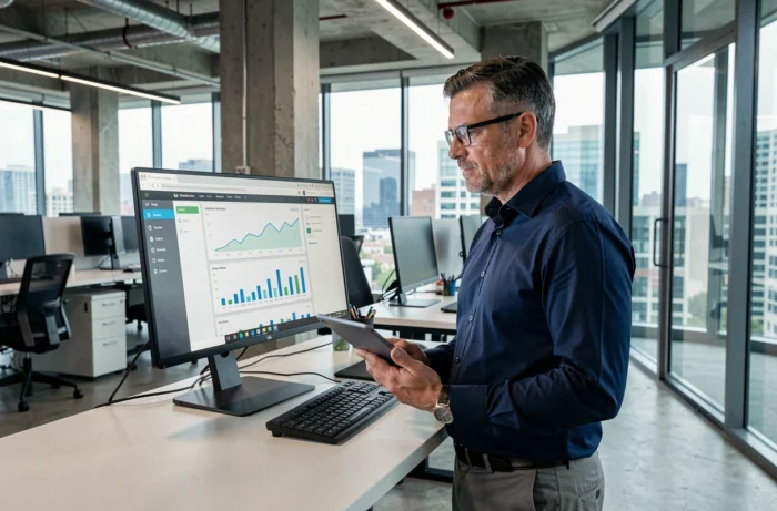 Homme d'affaires gérant un site web professionnel avec tableau de bord analytique dans un bureau moderne