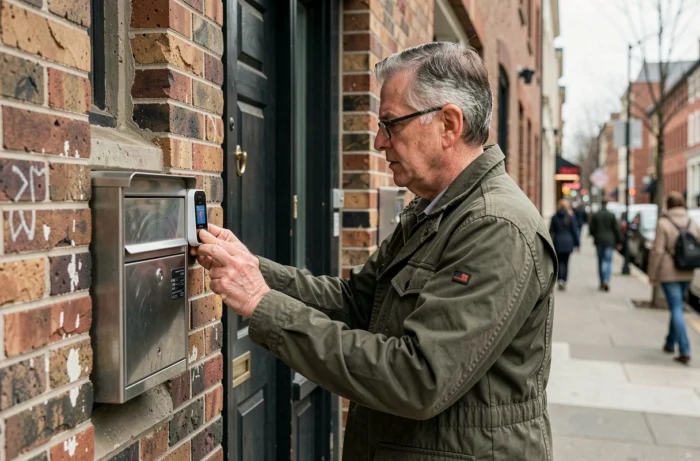 Homme installant un capteur de sécurité intelligent sur l'entrée d'un immeuble résidentiel urbain