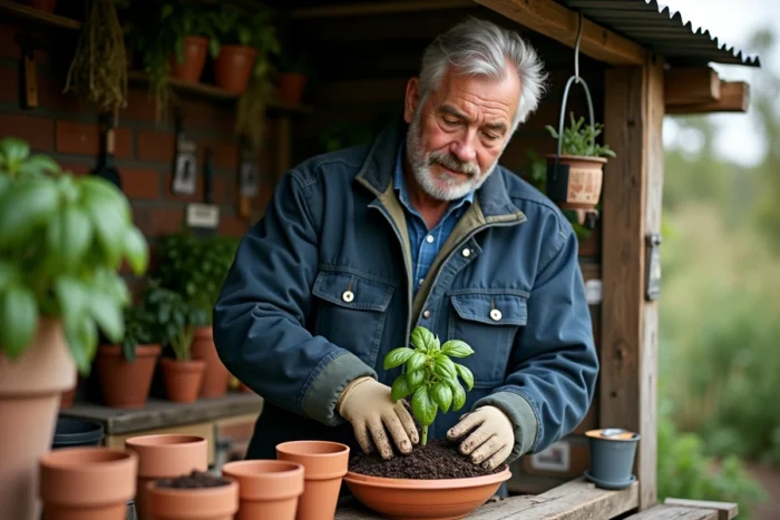 Homme jardinier transplantant des semis de basilic sur un établi de jardin rustique avec pots en terre cuite et outils
