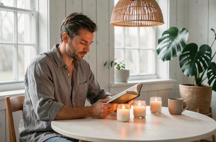 Homme lisant un livre devant trois bougies allumées dans une salle à manger scandinave pour favoriser le bien-être et la sérénité