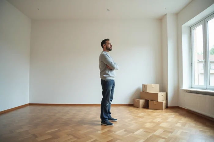 Homme seul dans une maison vide envisageant l'achat en location-vente d'un bien immobilier