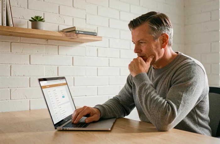 Homme à domicile naviguant sur un sitemap de site web depuis son espace de travail minimaliste