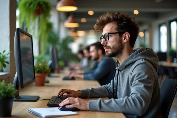 Jeune homme travaillant sur ses opportunités de carrière en ligne dans un espace de coworking urbain