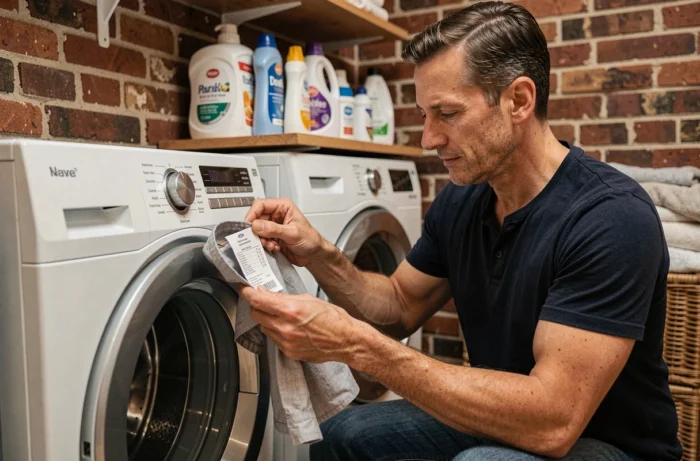 Homme consultant l'étiquette d'entretien d'un vêtement tout en réglant le programme de son lave-linge à domicile