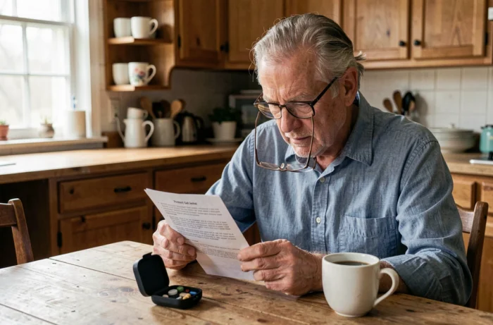 Homme senior lisant la notice de son appareil auditif à la table de cuisine, représentant la gestion autonome de la santé auditive après 60 ans