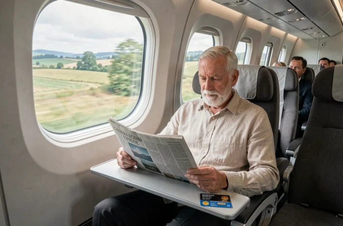 Homme senior voyageant confortablement en TGV avec sa carte avantage senior SNCF posée sur la tablette