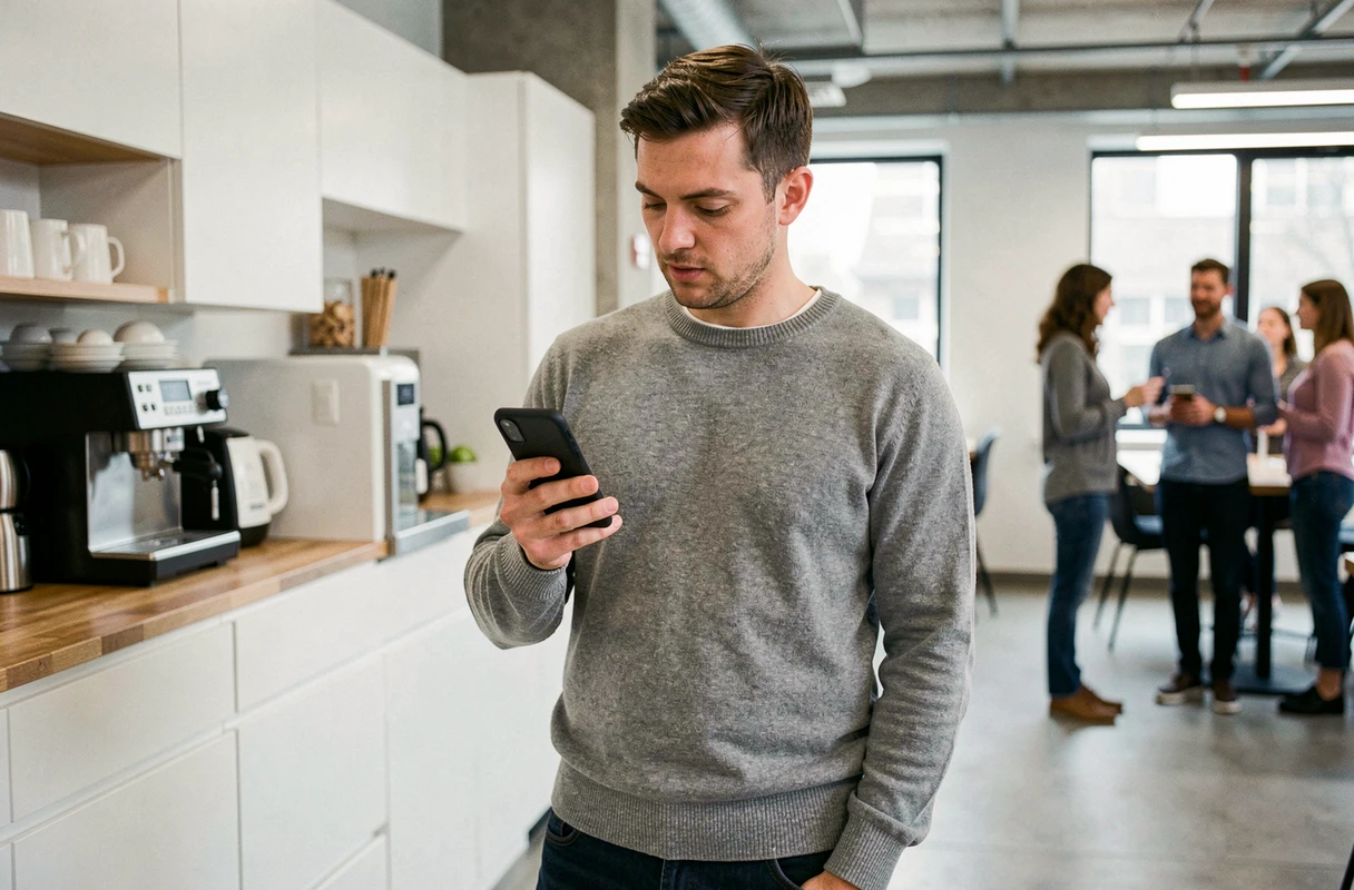 Homme consultant ses emails SFR sur smartphone dans un espace de travail collaboratif