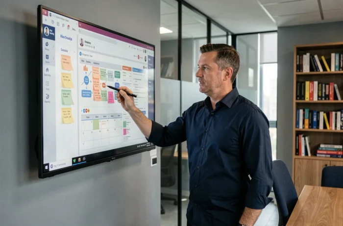Homme présentant une stratégie de contenu pour améliorer la présence en ligne sur un tableau numérique mural dans une salle de réunion