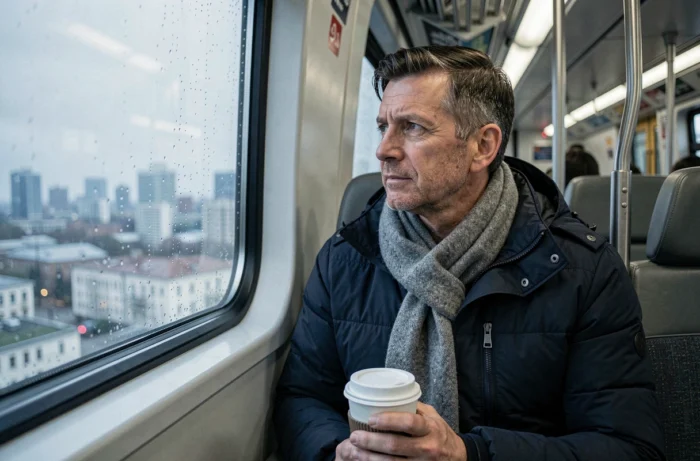 Homme en train de banlieue avec un café, transport en commun confortable pour les déplacements quotidiens
