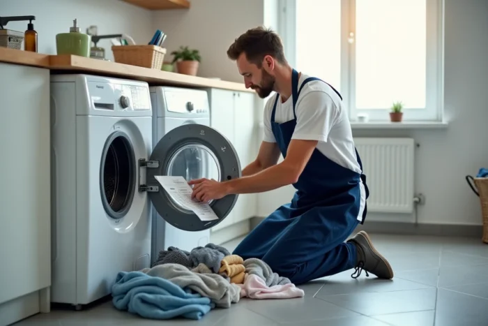 Homme triant des vêtements par cycles d'essorage devant une machine à laver ouverte