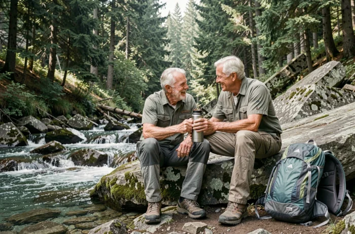 Deux hommes seniors célibataires faisant une pause café sur un rocher au bord d'un ruisseau de montagne, partageant un moment de convivialité lors d'une sortie randonnée