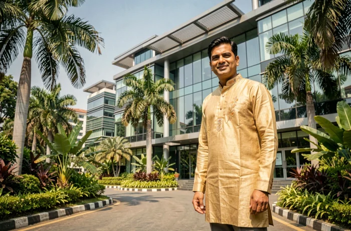 Un entrepreneur indien devant un campus technologique moderne à Bangalore, symbole de la croissance économique de l'Inde