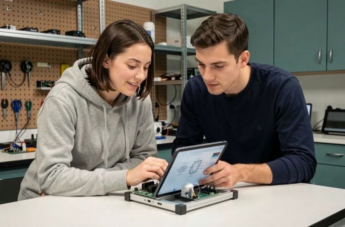 Deux jeunes ingénieurs collaborant autour d'un prototype robotique dans un laboratoire de recherche et développement technologique