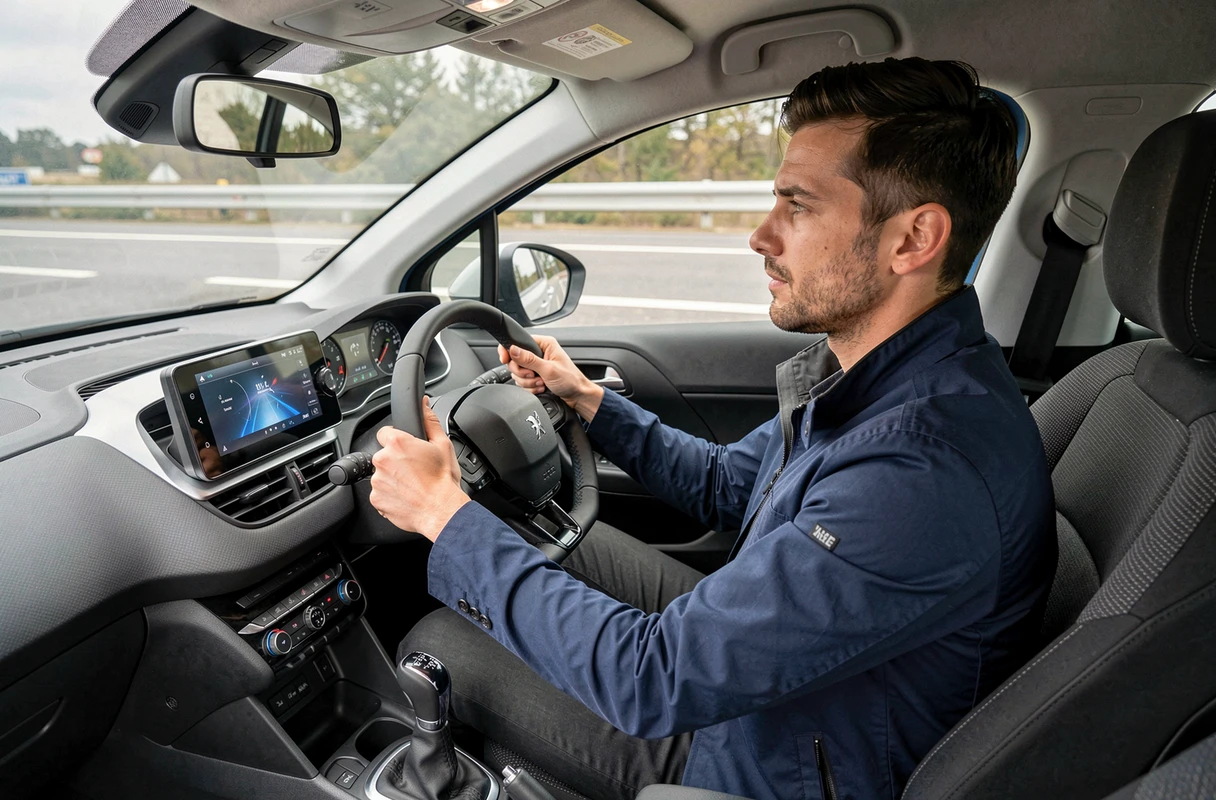 Intérieur de la Peugeot 208 avec conducteur masculin au volant sur autoroute, tableau de bord numérique visible