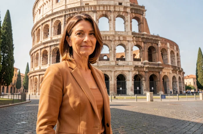 Une architecte italienne devant le Colisée de Rome sous un ciel méditerranéen, illustrant le patrimoine et l'économie italienne