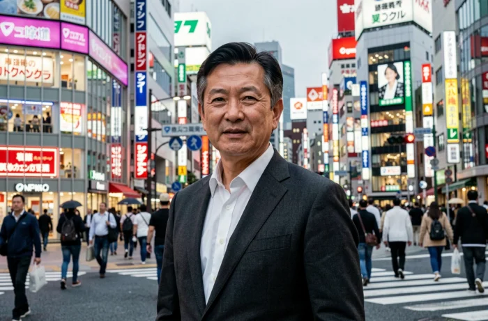 Un homme d'affaires japonais au carrefour de Shibuya à Tokyo, illustrant la dynamique économique du Japon