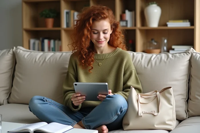 Jeune femme gérant ses réseaux sociaux et son activité en ligne depuis son salon dans une ambiance décontractée et professionnelle