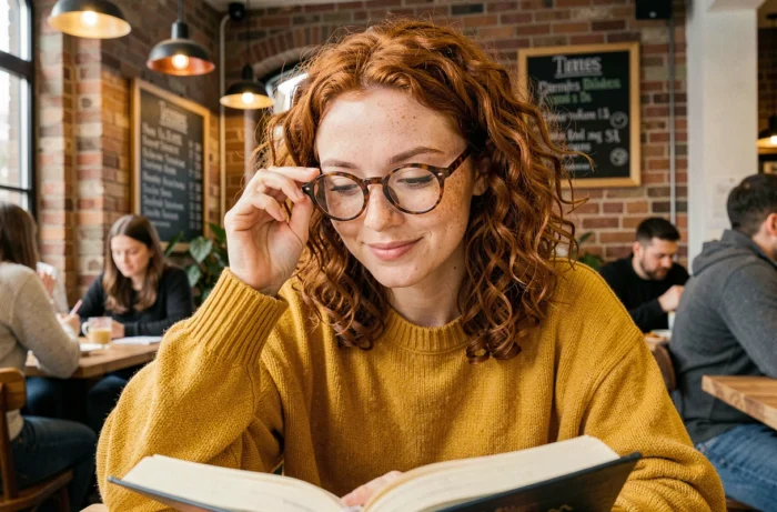 Jeune femme essayant des lunettes de lecture sans ordonnance dans un café urbain
