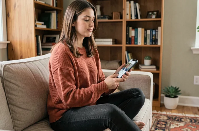Jeune femme consultant son profil professionnel sur smartphone depuis son bureau à domicile pour optimiser sa visibilité sur internet