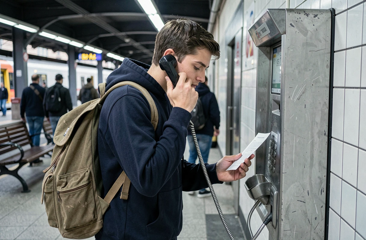 Jeune homme passant un appel en PCV depuis un téléphone public en gare de train