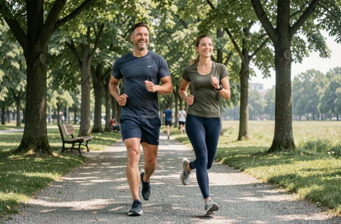 Deux personnes faisant du jogging ensemble dans un parc verdoyant pour rester en forme et prendre soin de leur santé